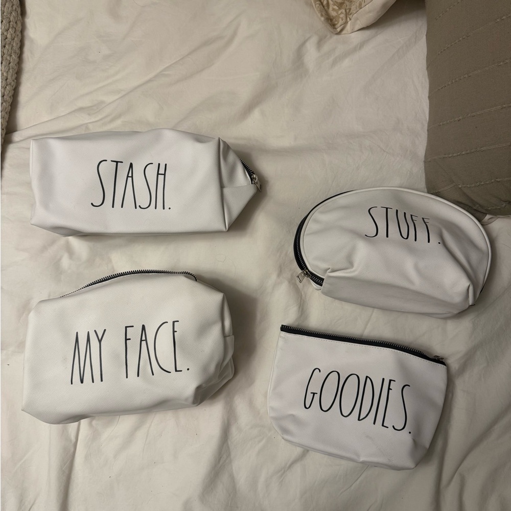 Set of White Cosmetic Bags with Black Text